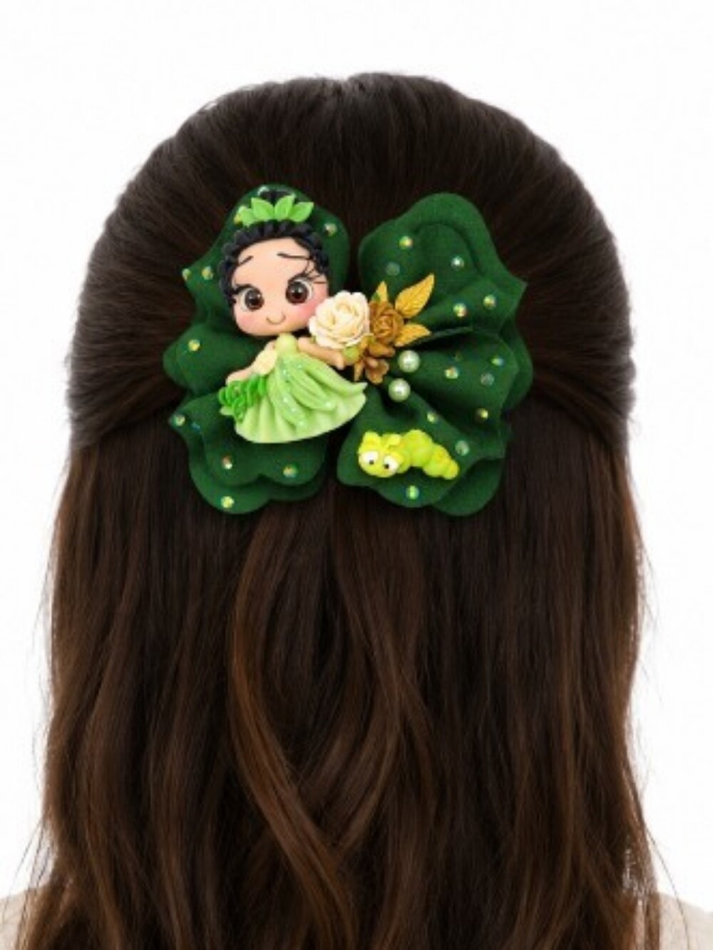 Handmade Green Princess Inspired 4" Hair Bow Boutique Rhinestone Girls Bow🎀✨
